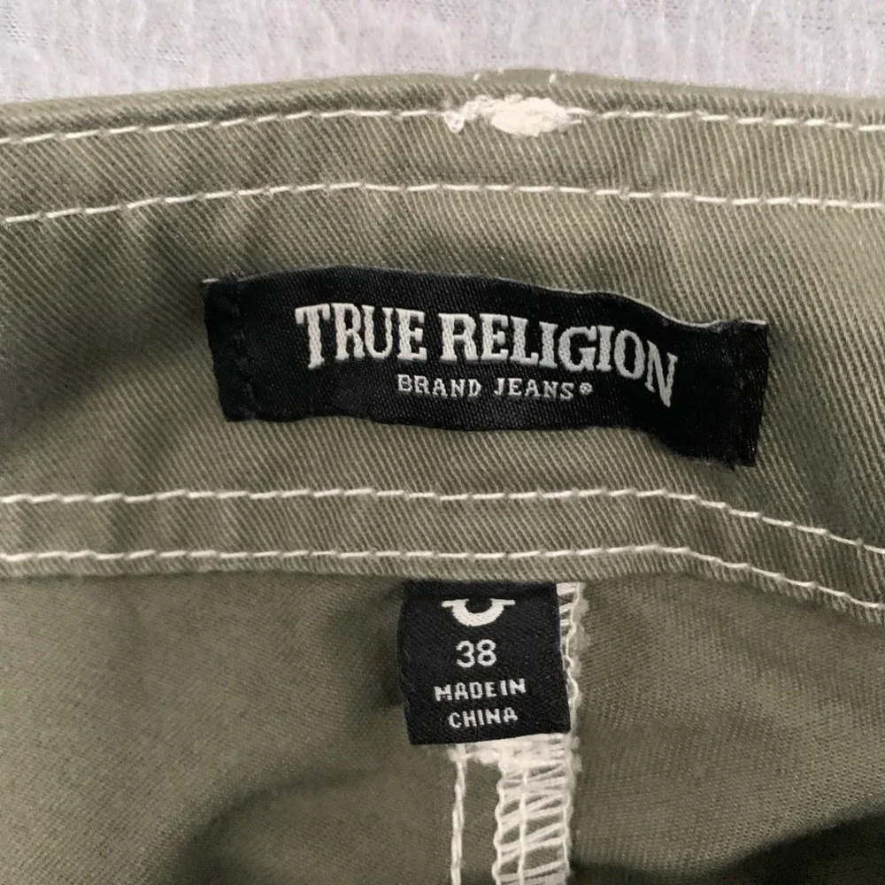 True Religion Cargo Pants Sz 38x32 Green Utility Streetwear White Stitching - Picture 5 of 11